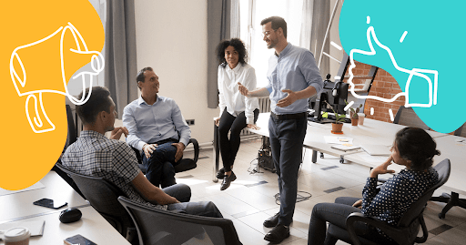 Marketing professionals collaborating in a modern office, showcasing teamwork and innovation